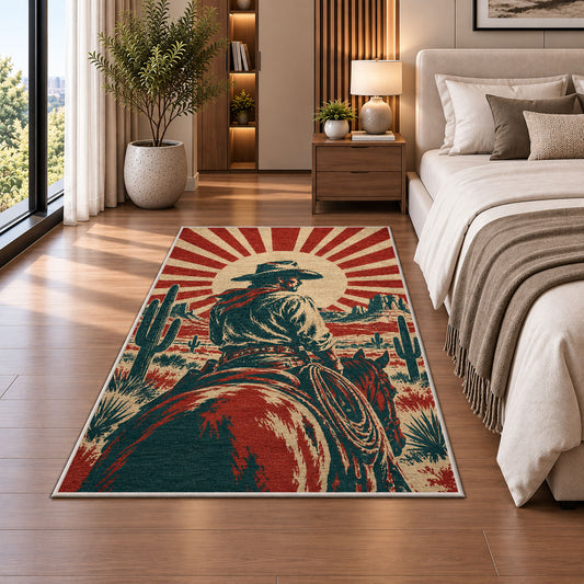 Vintage cowboy poster rug in a bedroom beside the bed