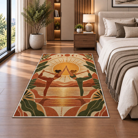 partner yoga boho rug in a bedroom beside the bed