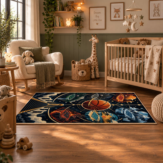 Cosmic Bridge Basketball Rug displayed in a nursery room