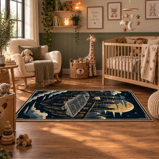 Mountain Canyon Basketball Court Rug displayed in a nursery room