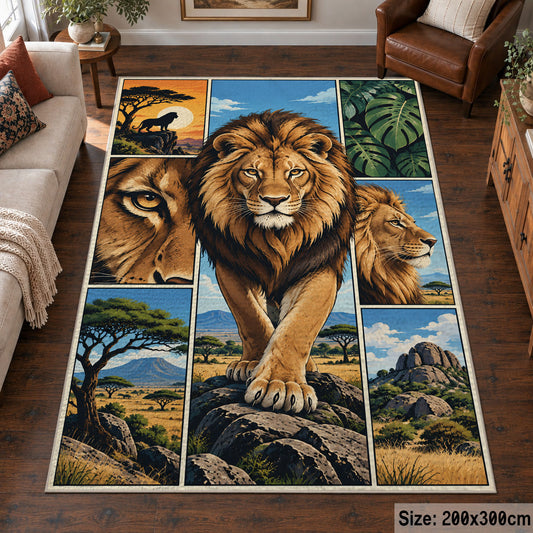 Walking Lion Landscape Panels area rug in gold, deep blue and green, view 6