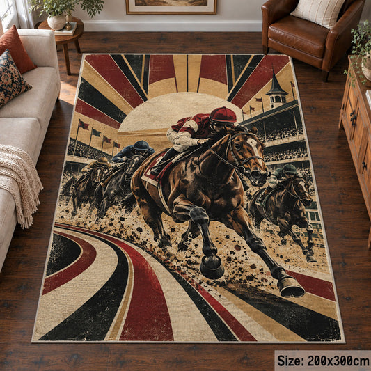 Racehorses and Sunburst Track area rug in warm ochre, burgundy and slate, view 6