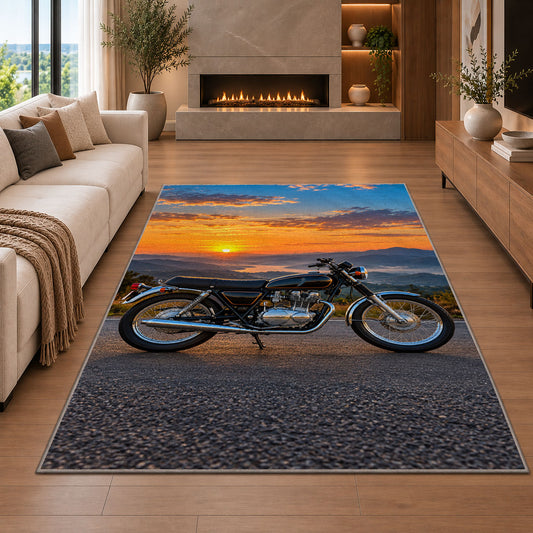 Classic Motorcycle Sunset Rug in a living room with a fireplace