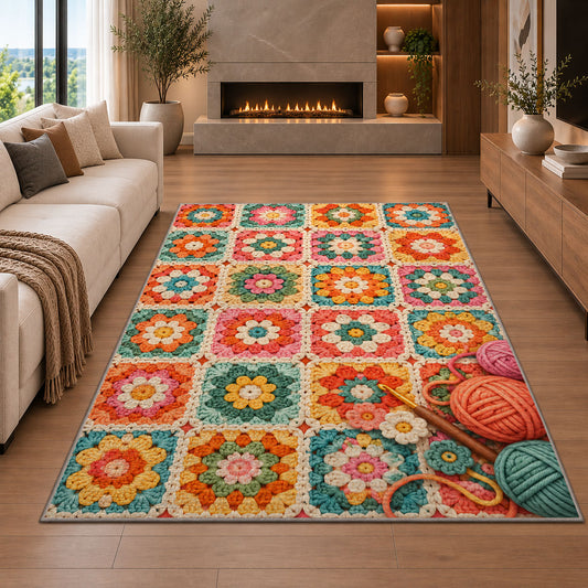 Granny Square Rug in a living room with a fireplace