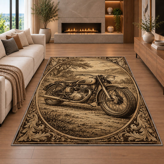 Vintage Engraved Motorcycle Rug in a living room with a fireplace