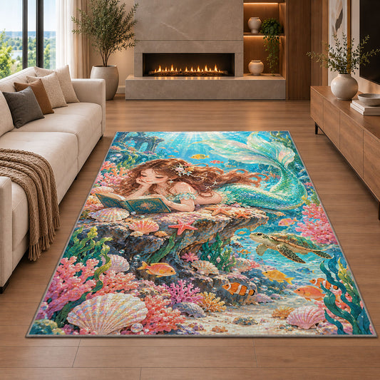 Mermaid Reading a Book Rug in a living room with a fireplace