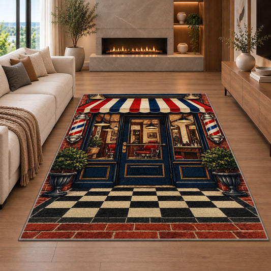 vintage barbershop storefront rug in a living room with a fireplace