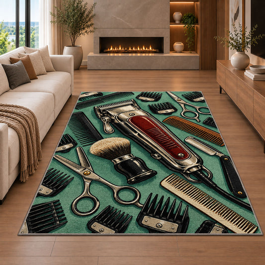 vintage hair clipper rug in a living room with a fireplace