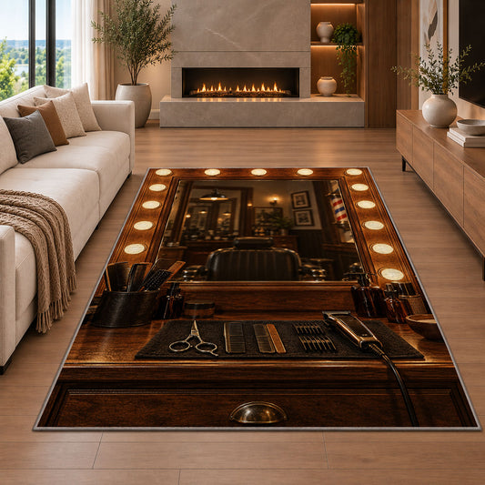 lighted barber mirror rug in a living room with a fireplace