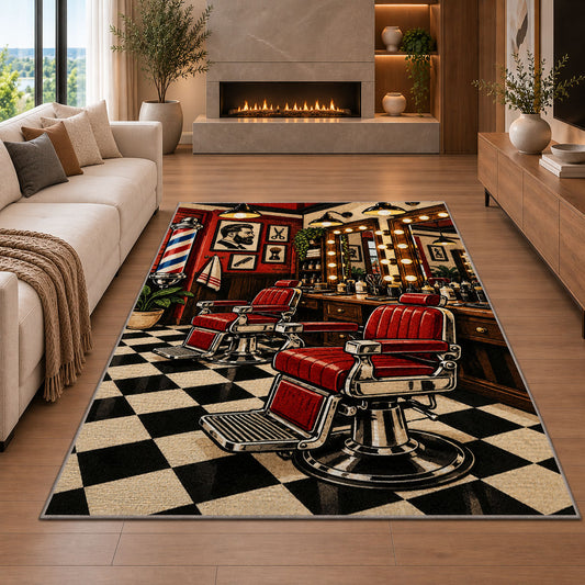 barbershop interior rug in a living room with a fireplace