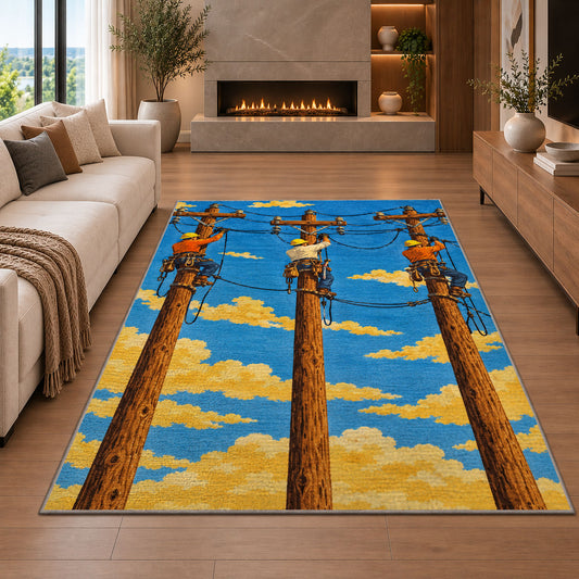 linemen crew on poles rug in a living room with a fireplace