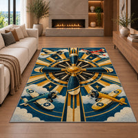 Art Deco Propeller Rug in a living room with a fireplace
