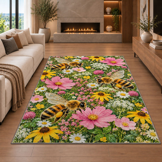 Bees in Wildflower Garden Rug in a living room with a fireplace