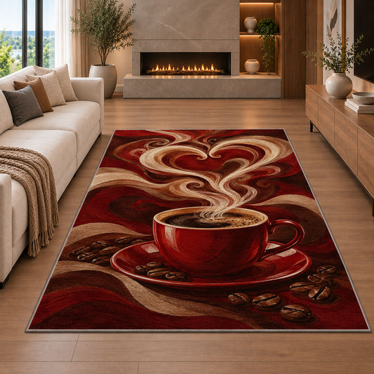 Coffee Steam Heart rug in a living room with a fireplace
