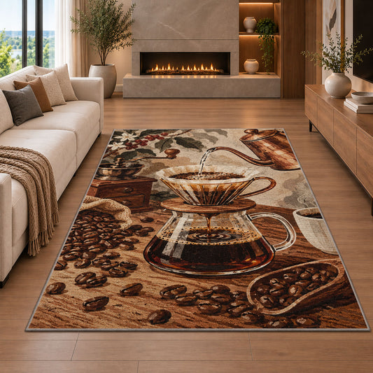 Pour Over Coffee rug in a living room with a fireplace