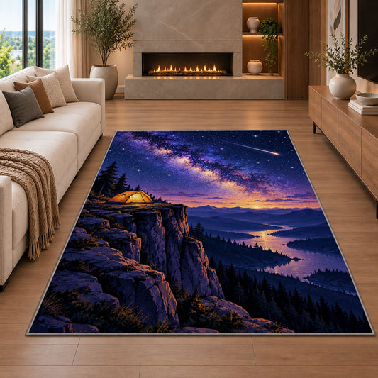 Tent on Cliff with Shooting Star rug in a living room with a fireplace