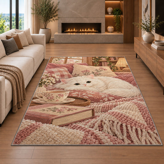 White Cat and Tea rug in a living room with a fireplace