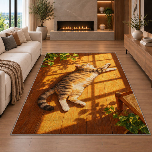 Tabby Cat Sunbathing rug in a living room with a fireplace
