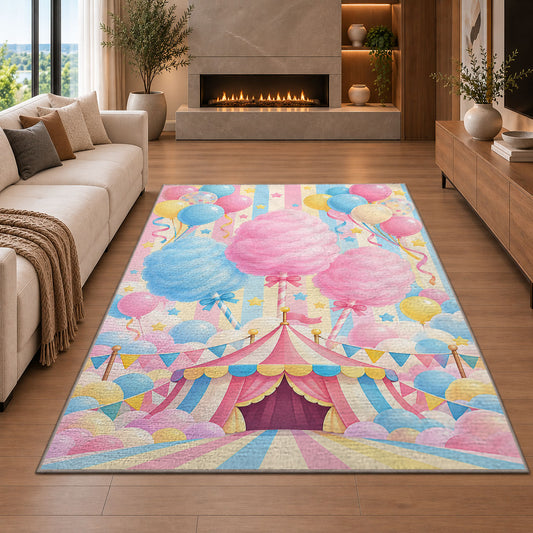 Cotton Candy Rug in a living room with a fireplace