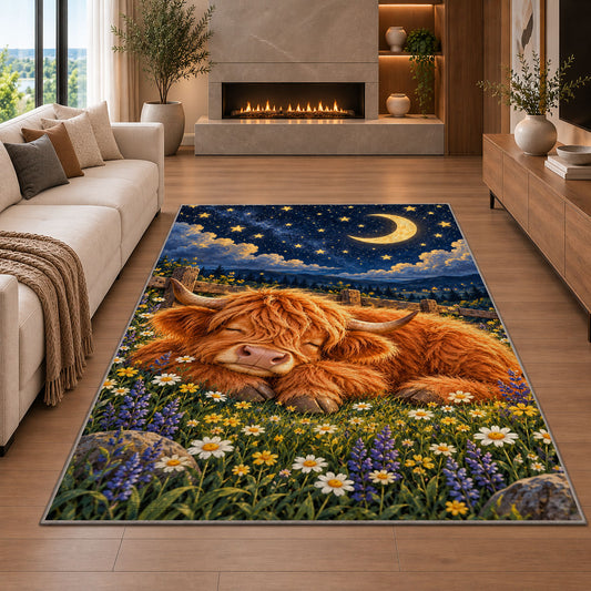 Sleeping Highland Cow Rug in a living room with a fireplace