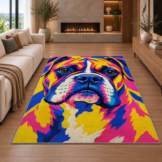 Pop Art Boxer Dog rug in a living room with a fireplace