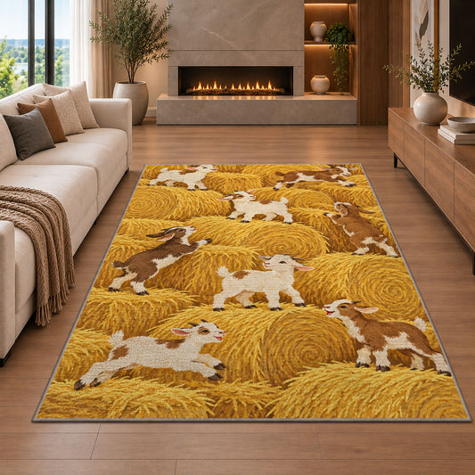 Goats on Hay Bales rug in a living room with a fireplace