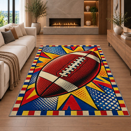 Pop Art Football rug in a living room with a fireplace