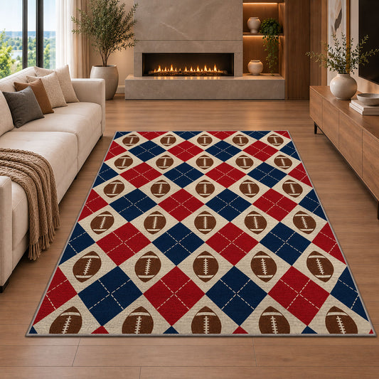 Football Argyle rug in a living room with a fireplace