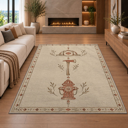 Minimalist Firefighter Line Art rug in a living room with a fireplace