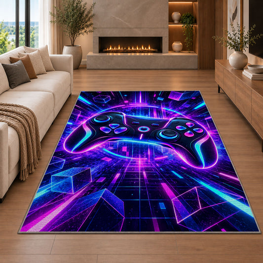 Neon Game Controller rug in a living room with a fireplace
