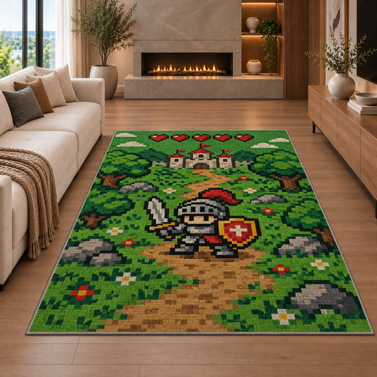 Pixel Knight Adventure rug in a living room with a fireplace