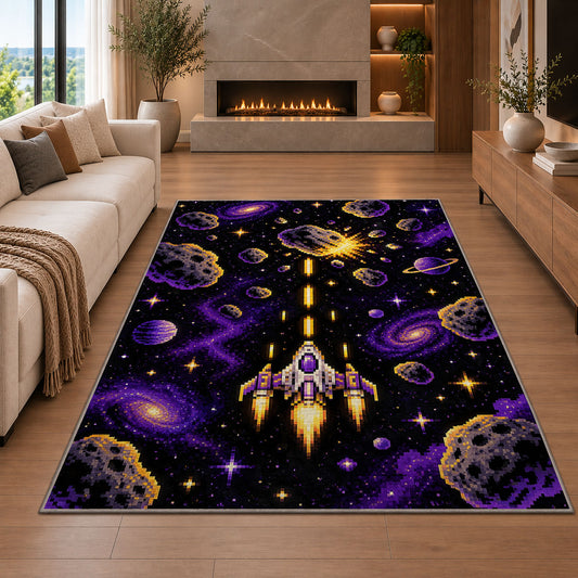 Pixel Space Shooter rug in a living room with a fireplace