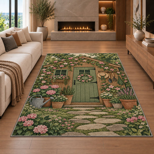 Garden Shed Rug in a living room with a fireplace