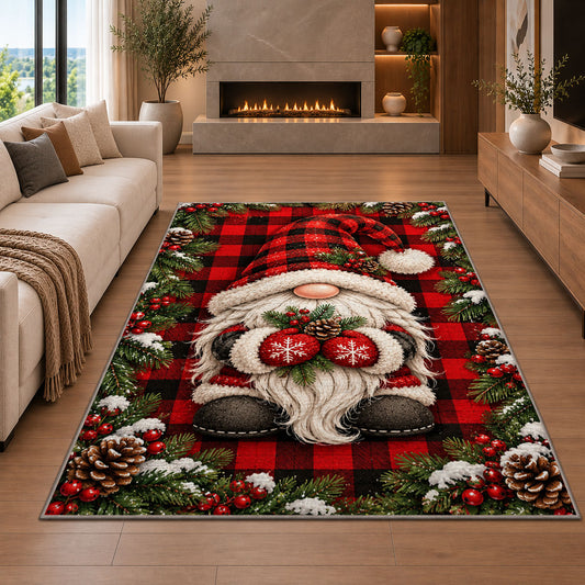 gnome on buffalo plaid rug in a living room with a fireplace