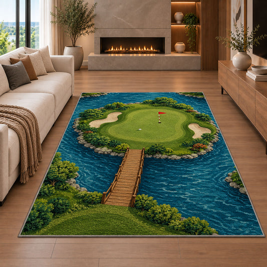 Island green rug in a living room with a fireplace