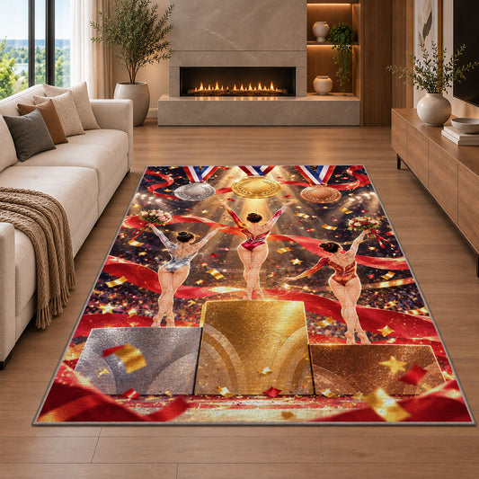 Gymnastics Podium Rug in a living room with a fireplace