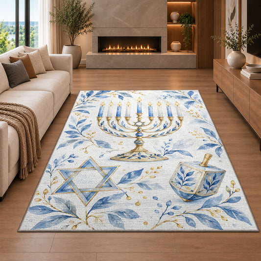 Watercolor Hanukkah Rug in a living room with a fireplace