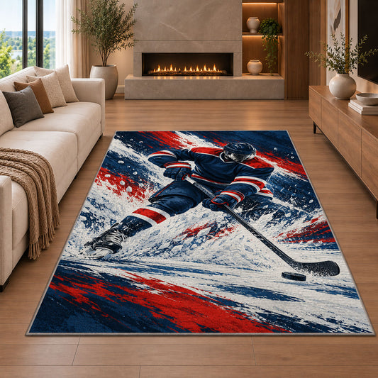 Hockey Player Ice Spray rug in a living room with a fireplace