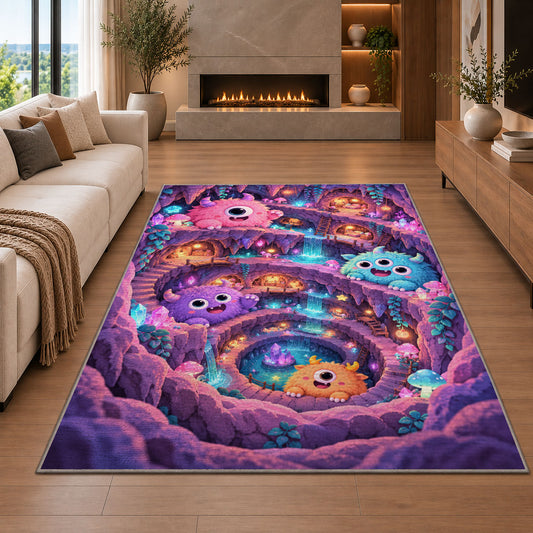 Cute fluffy monster crystal cave area rug in a living room with a fireplace
