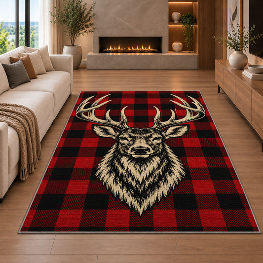Buffalo Plaid Deer rug in a living room with a fireplace
