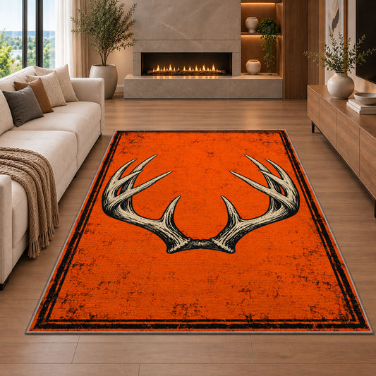 Blaze Orange Antlers rug in a living room with a fireplace