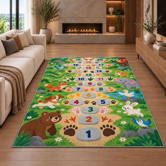 Green animal footprint hopscotch rug with colorful numbers, flowers and friendly animals, styled beside a sofa