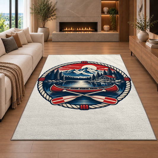 Lake house badge emblem rug in a living room with a fireplace