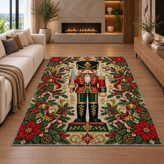 Classic Nutcracker Christmas Rug in a living room with a fireplace