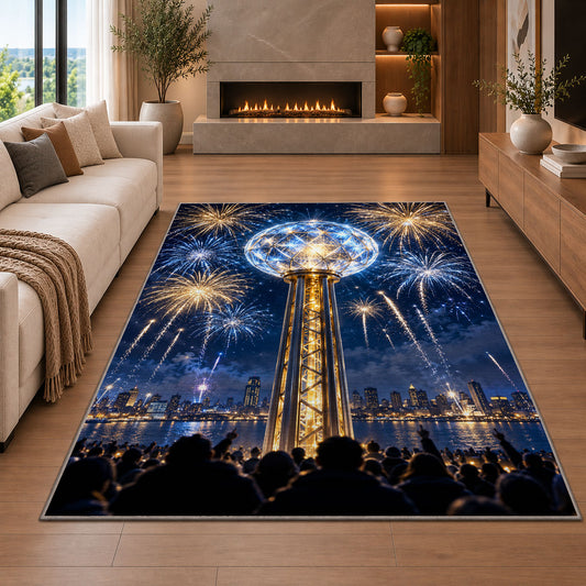 Crystal ball drop rug in a living room with a fireplace