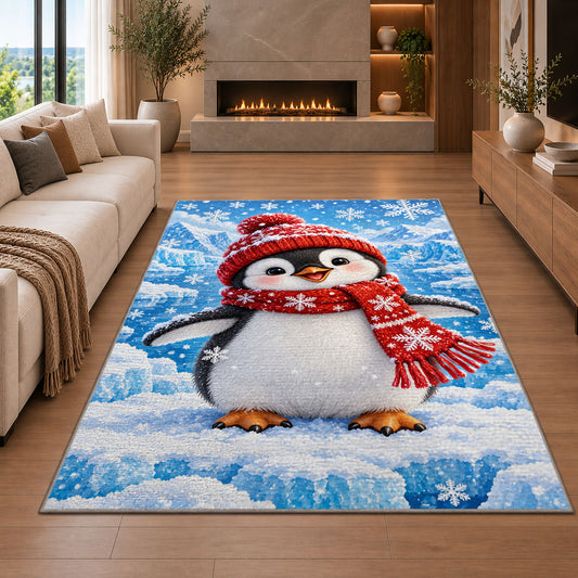 Baby Penguin Rug in a living room with a fireplace