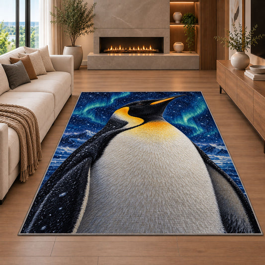 Emperor Penguin Rug in a living room with a fireplace