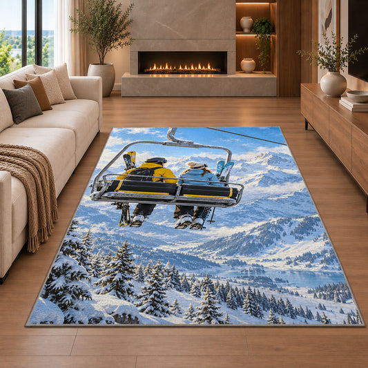 Chairlift skiers rug in a living room with a fireplace