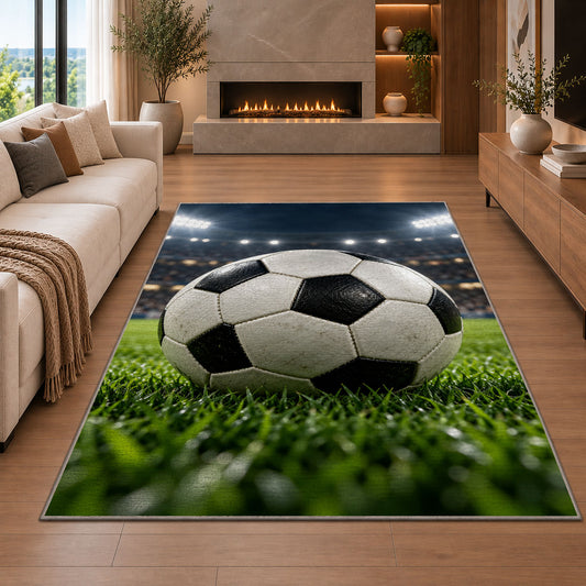 classic soccer ball under stadium lights rug in a living room with a fireplace