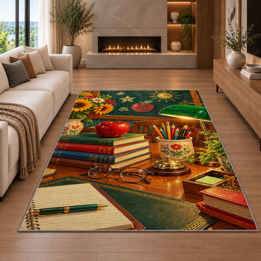 Teacher Desk Rug in a living room with a fireplace